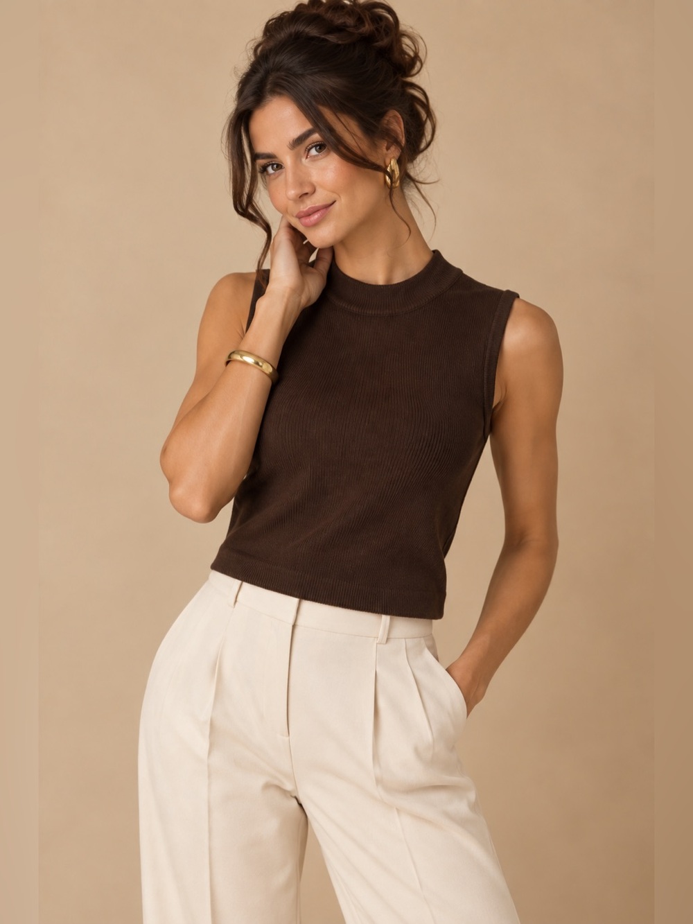 St. John Deep Espresso Brown Mock Neck Ribbed Luxury Knit Shell Minimalist Top